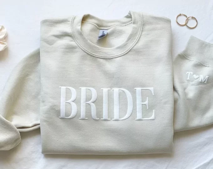 tan bride crewneck with custom initials on sleeve