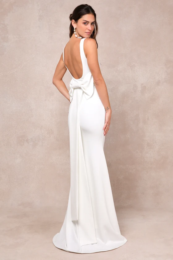 Square Neck Maxi Wedding Dress With Bow On Back