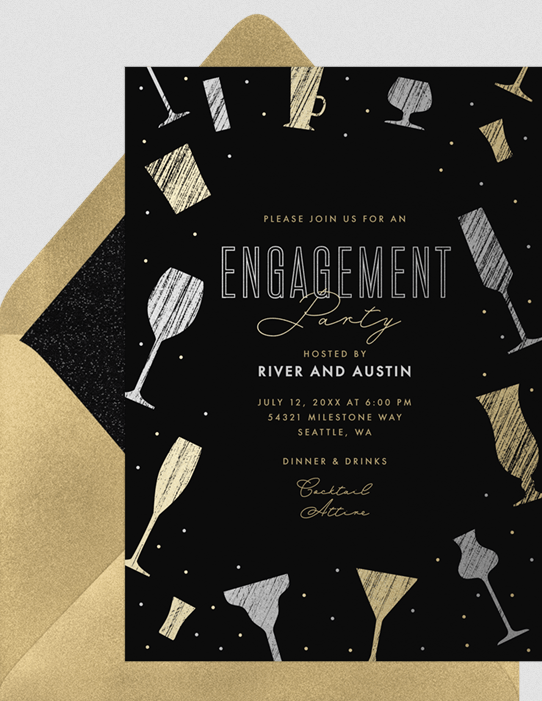 black and gold champagne engagement party invitation
