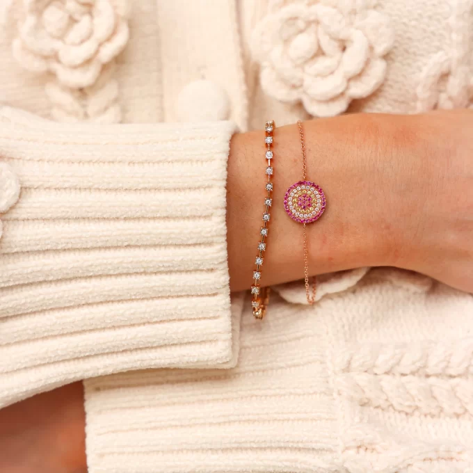 evil eye bracelet with pink sapphire gemstones