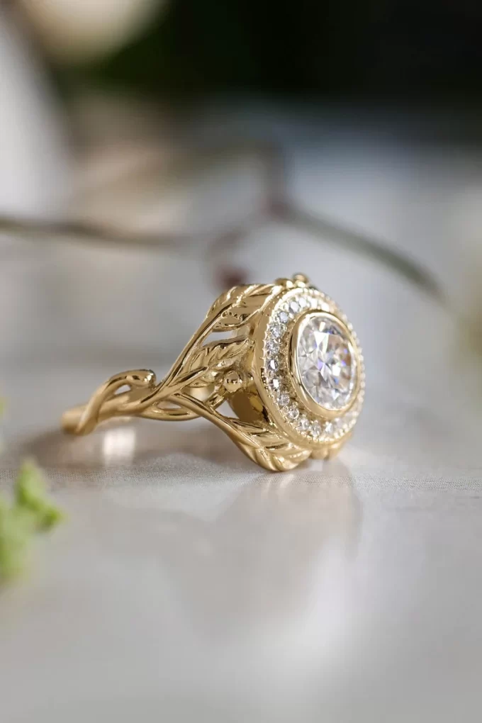 elegant gold leaf nature engagement rings