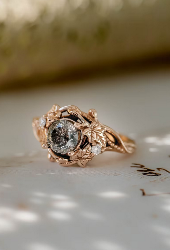 ivy leaf engagement ring with salt and pepper diamond
