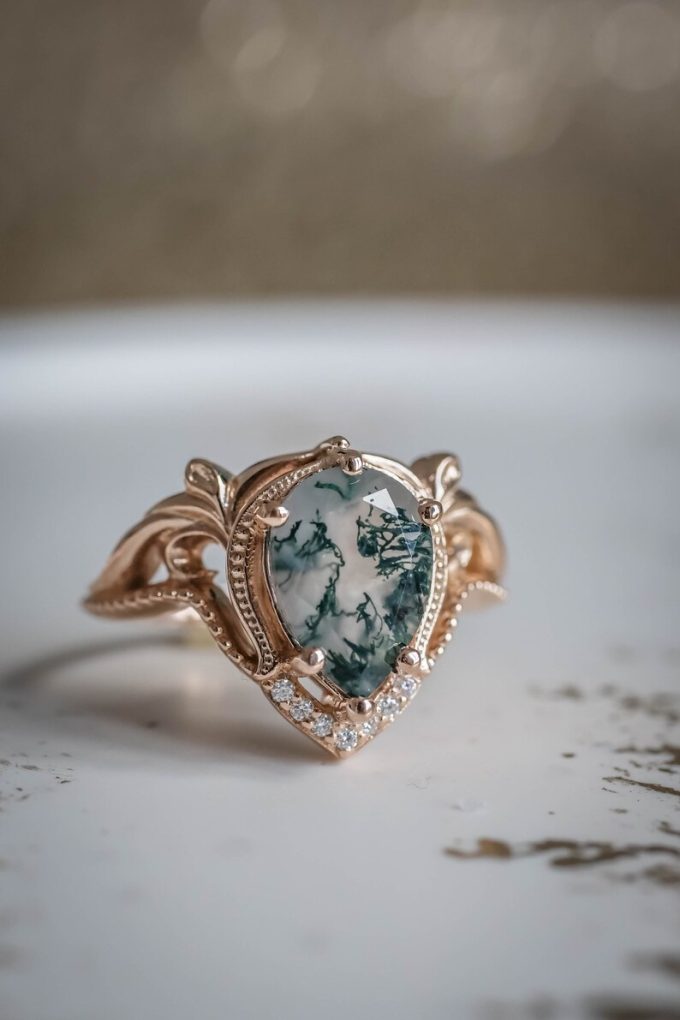 pear cut moss agate engagement ring
