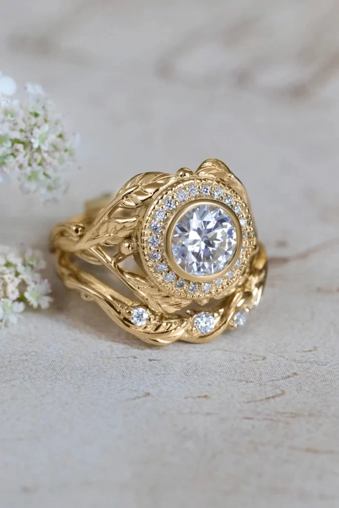 gold leaf nature engagement ring with moissanite stone