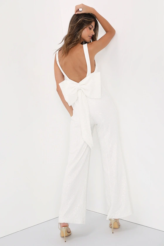 Wide Leg Bridal Jumpsuit With Bow on Back