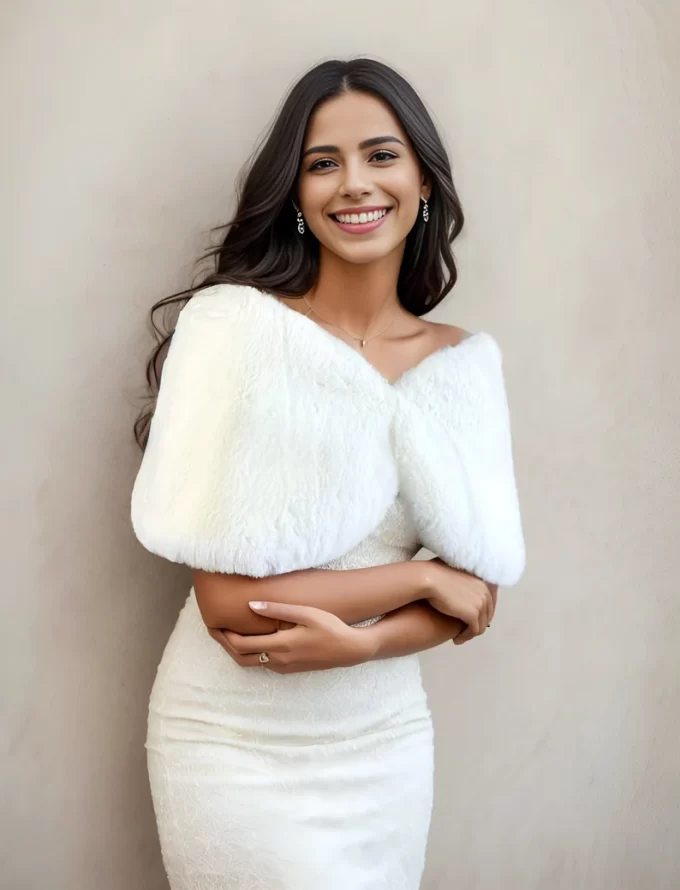 bride laughing wearing faux fur shawl winter wedding reception