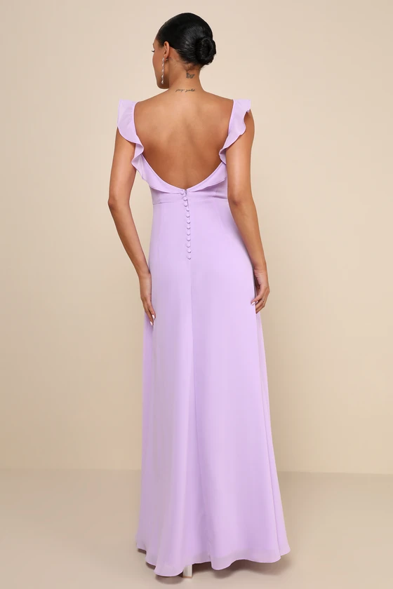 lilac back of ruffle open back bridesmaid dress