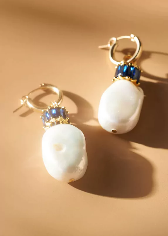 baroque pearl earrings with blue crystals