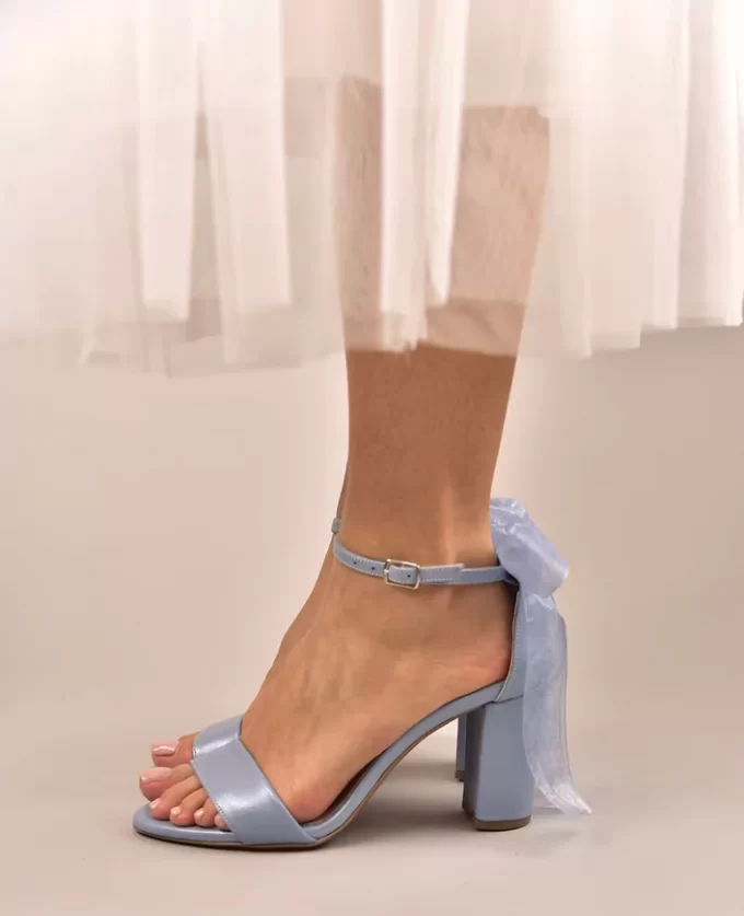 blue block heels on bride
