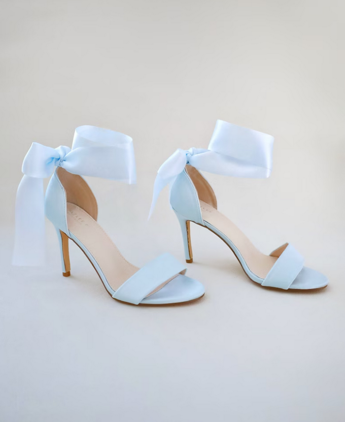 blue satin wedding heels with bow on the back