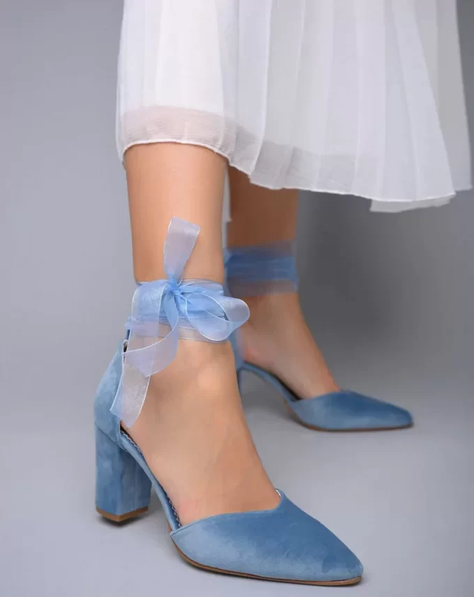 blue velvet block heels