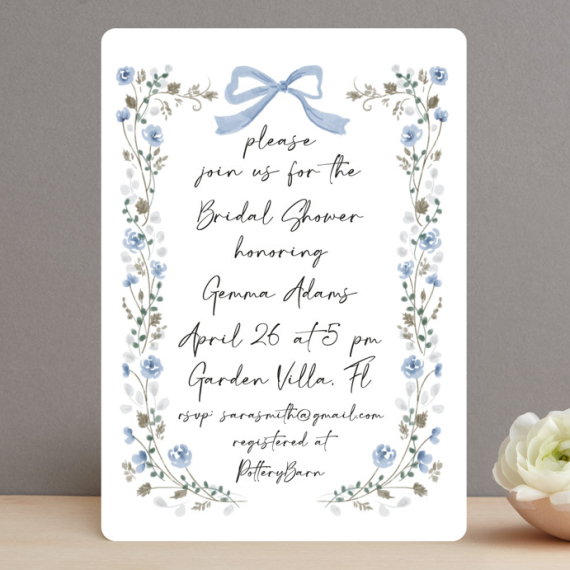 blue bow and flower bridal shower invitation