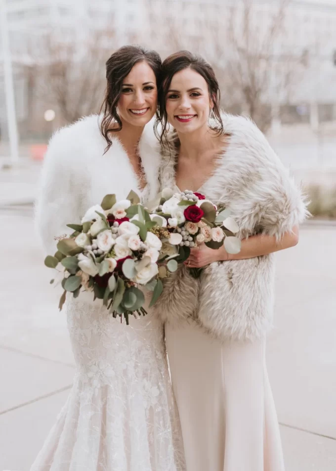 bridal faux fur wrap for cold weather wedding photos