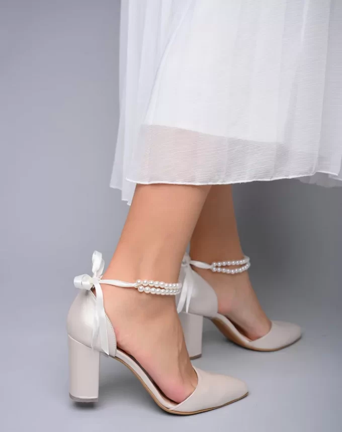 closed toe wedding shoes with ribbon and pearl ankle closure