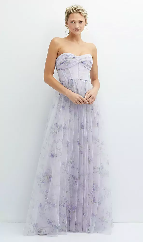 floral strapless bridesmaid gown with lavender flowers
