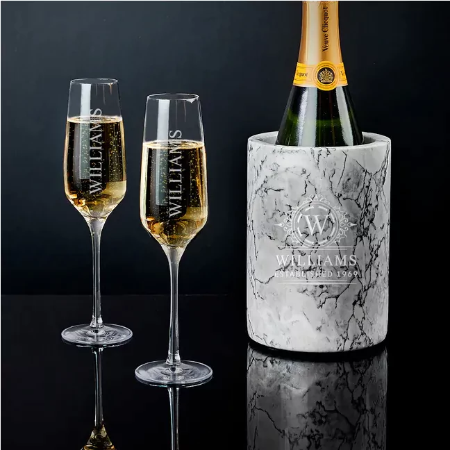 marble champagne bottle chiller and flutes