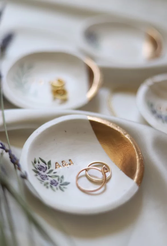 personalized wedding ring dish dipped in gold paint