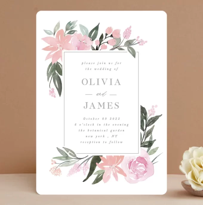 pink floral border wedding invitation for spring