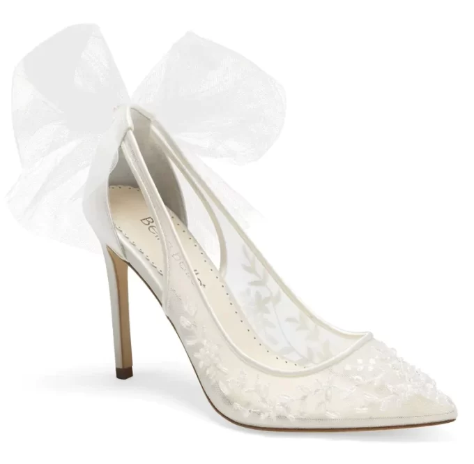 pointed toe wedding heels with beads and bows