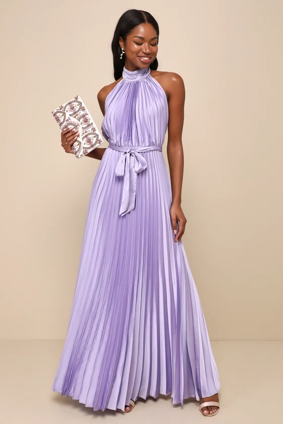 satin pleated lavender dress with halter