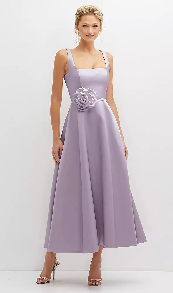 square neck midi dress with pockets and flower sash
