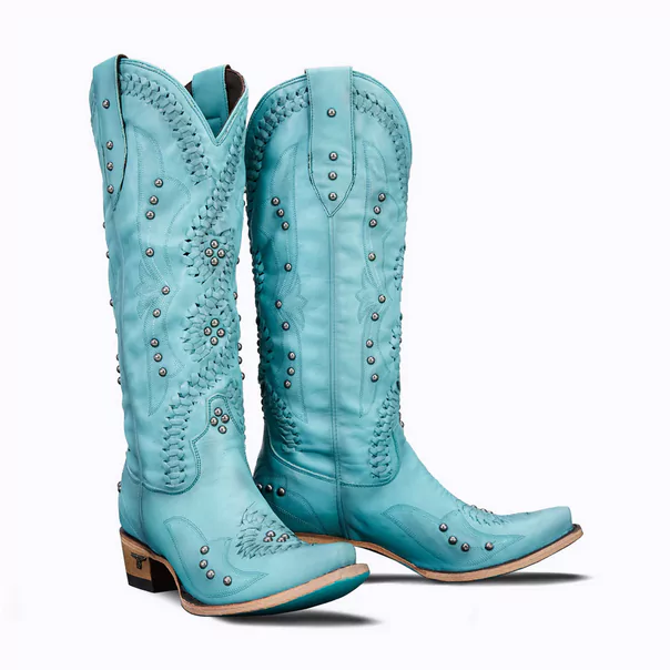 turquoise blue pair of boots