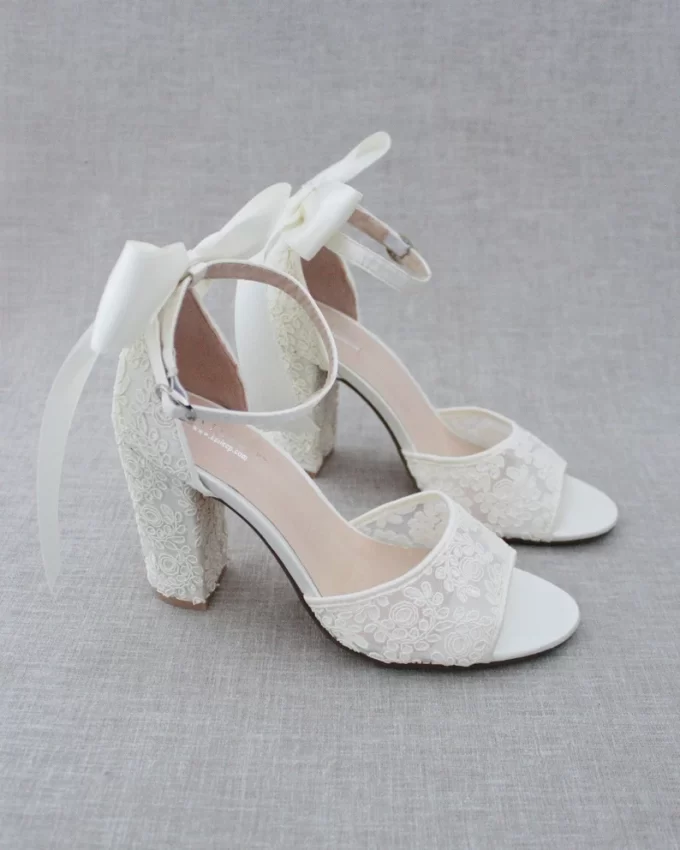 white and ivory bridal crochet block heels