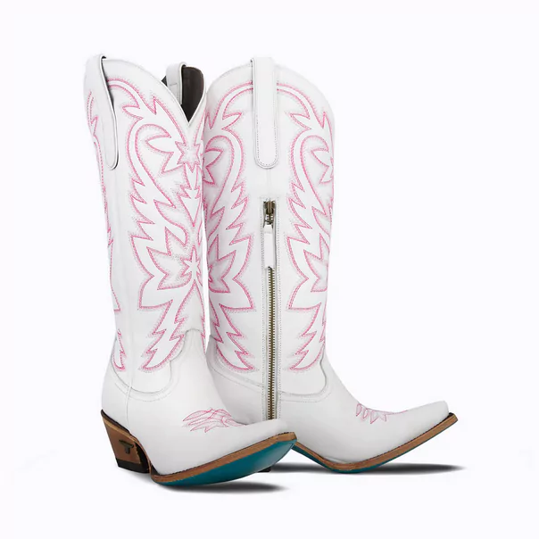white bridal boots with neon pink