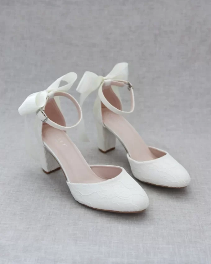 white rounded ivory lace bridal heel with bow on back