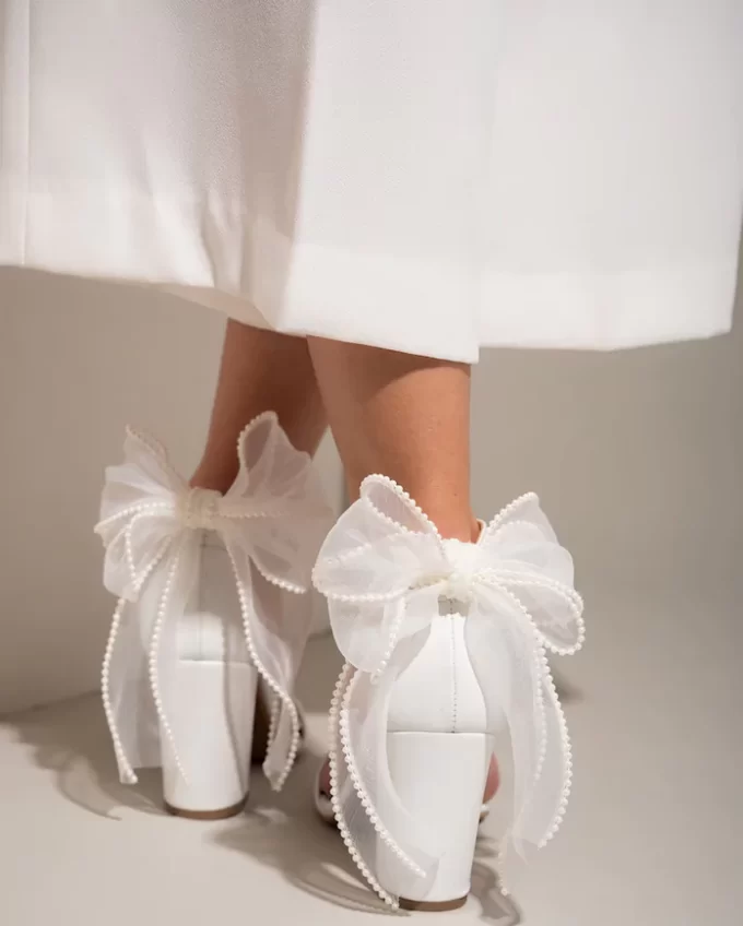 bow back bridal block heels