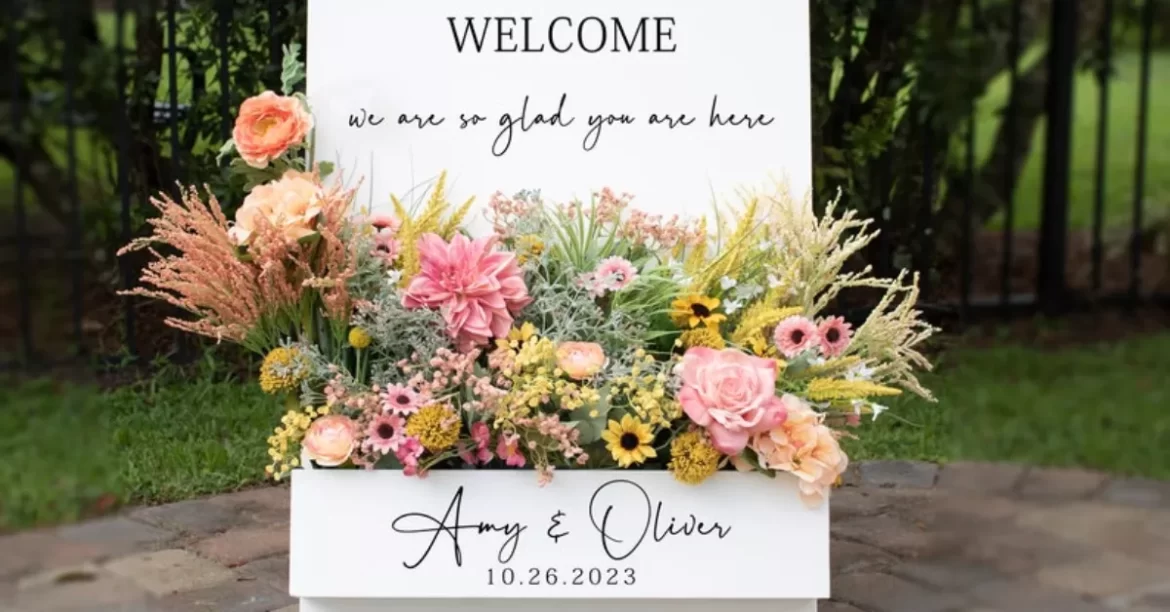 Custom flower box wedding welcome sign with pastel flowers