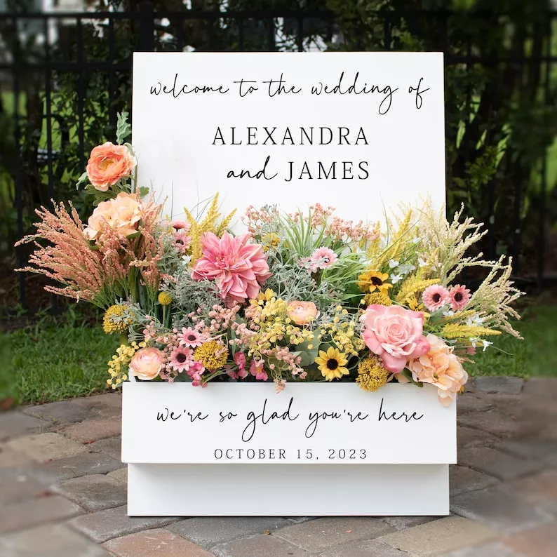 Stylish flower box wedding sign for a welcome at weddings
