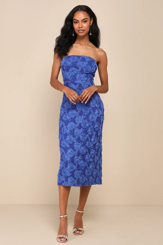 blue dress with 3d applique florals