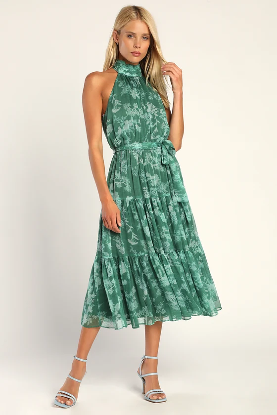 green halter neck dress with floral pattern