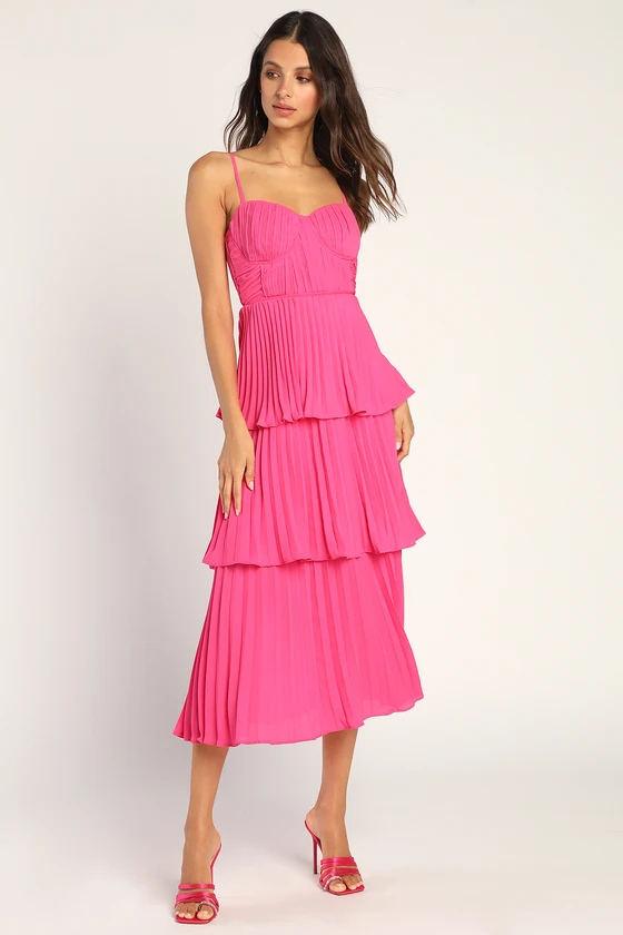 midi dress tiered with hot pink color