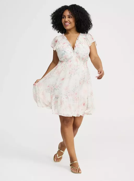 short pink and white floral plus size bridal shower dress