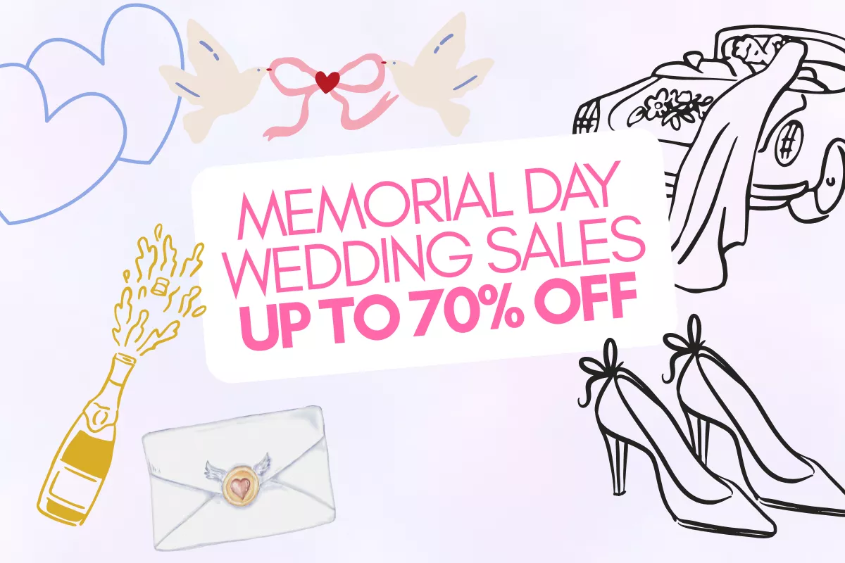 memorial day wedding sales 2026 with discounts on dresses invitations decor and bridal accessories