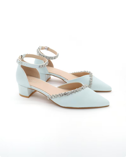 Elegant block heel bridal shoes with light blue pointed toe