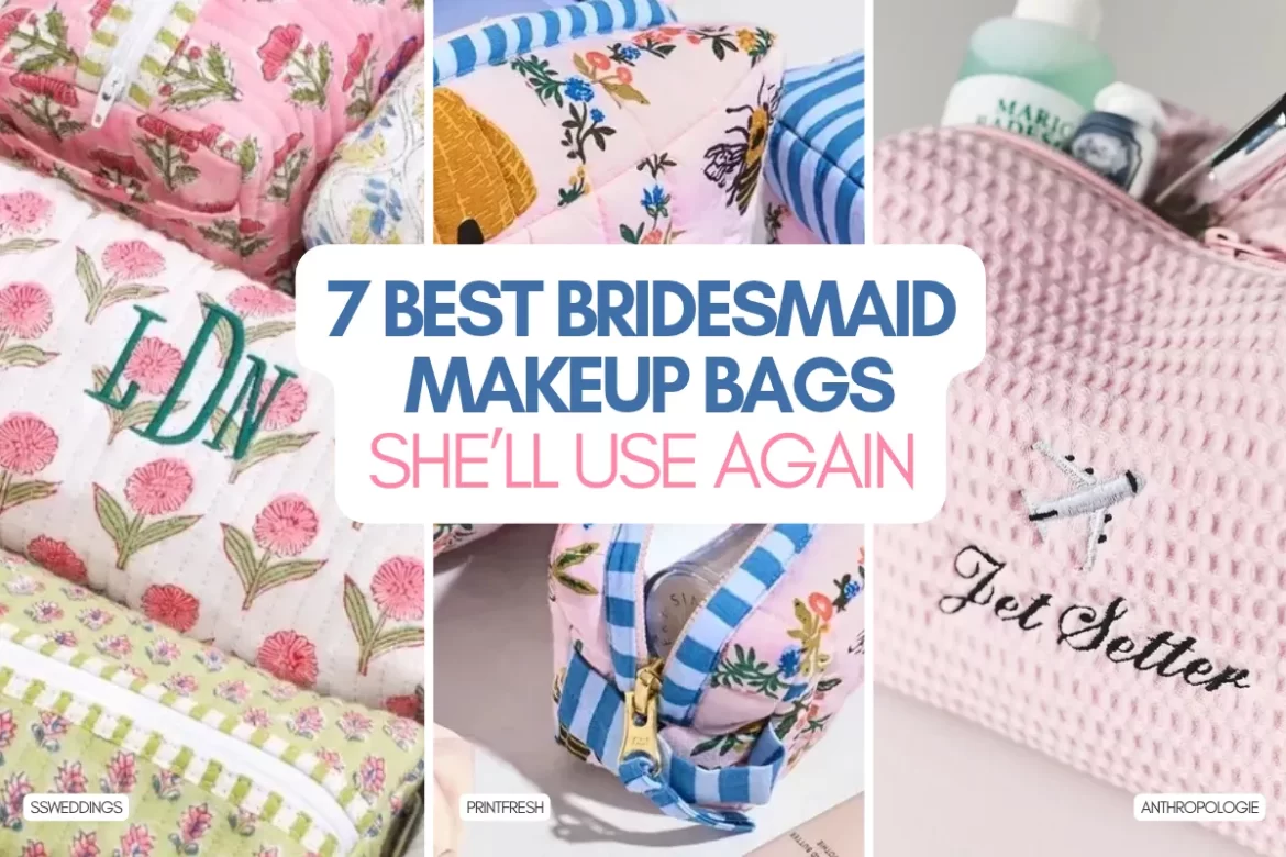 Personalized bridesmaid makeup bags in quilted, velvet, and floral styles