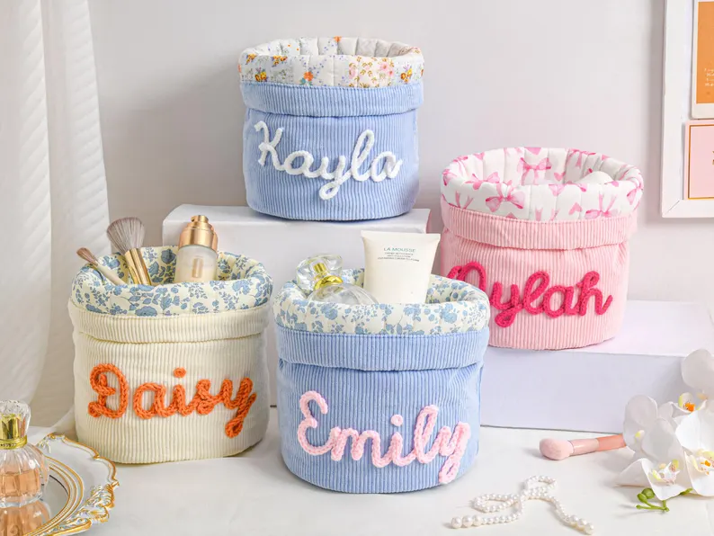 corduroy organizer for makeup and beauty tools with name in yarn