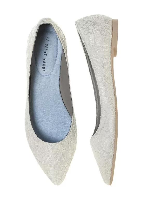Ivory lace brocade flats with blue lining and comfortable sole