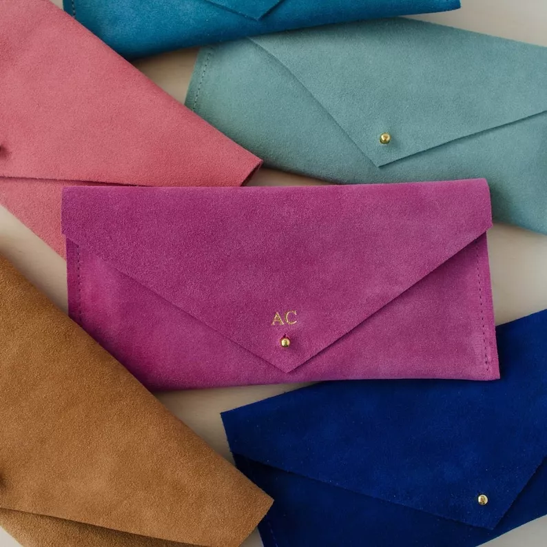colorful personalized suede bridesmaid clutch purse