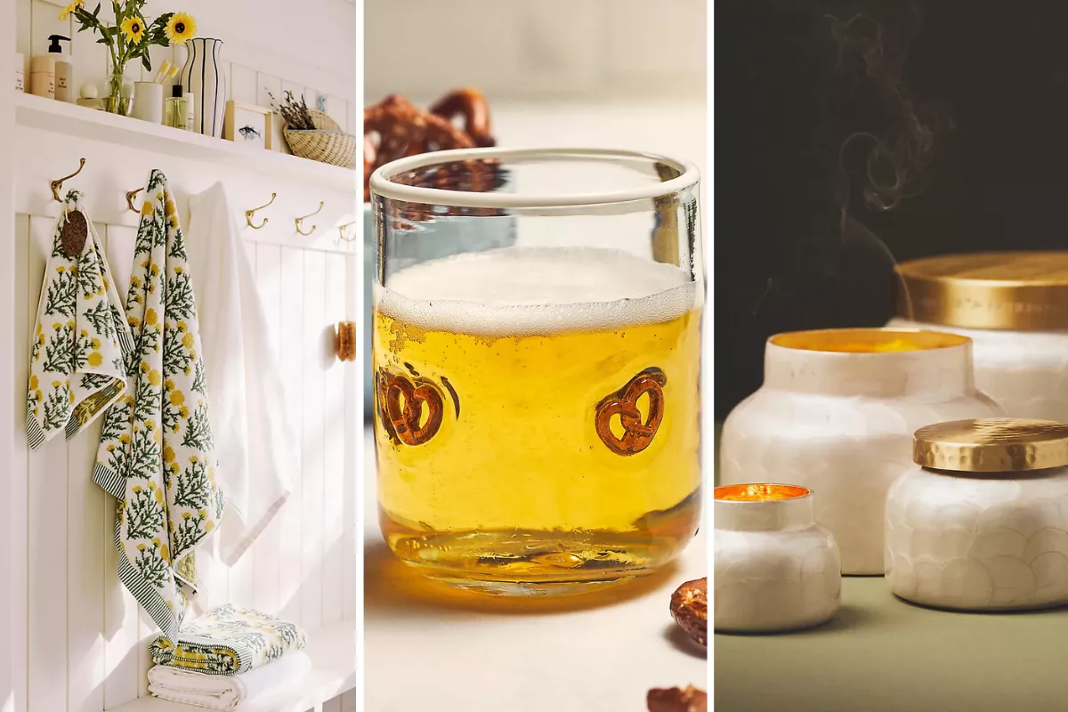 top picks for wedding gifts from anthropologie under $50 including hand towels, icon juice glasses, and candles
