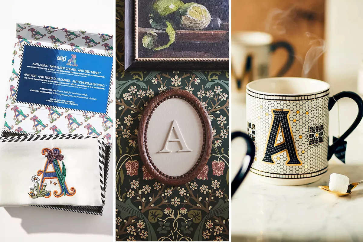 personalized wedding gifts from anthropologie including monogram mugs, wall art, and silk pillowcases