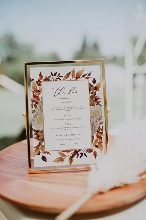 fall wedding drinks sign to decorate the reception bar