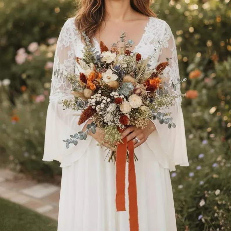 fall floral bridal bouquet with terracotta ribbon