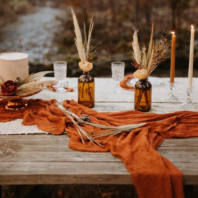 gauze table runners in terracotta for fall wedding decor