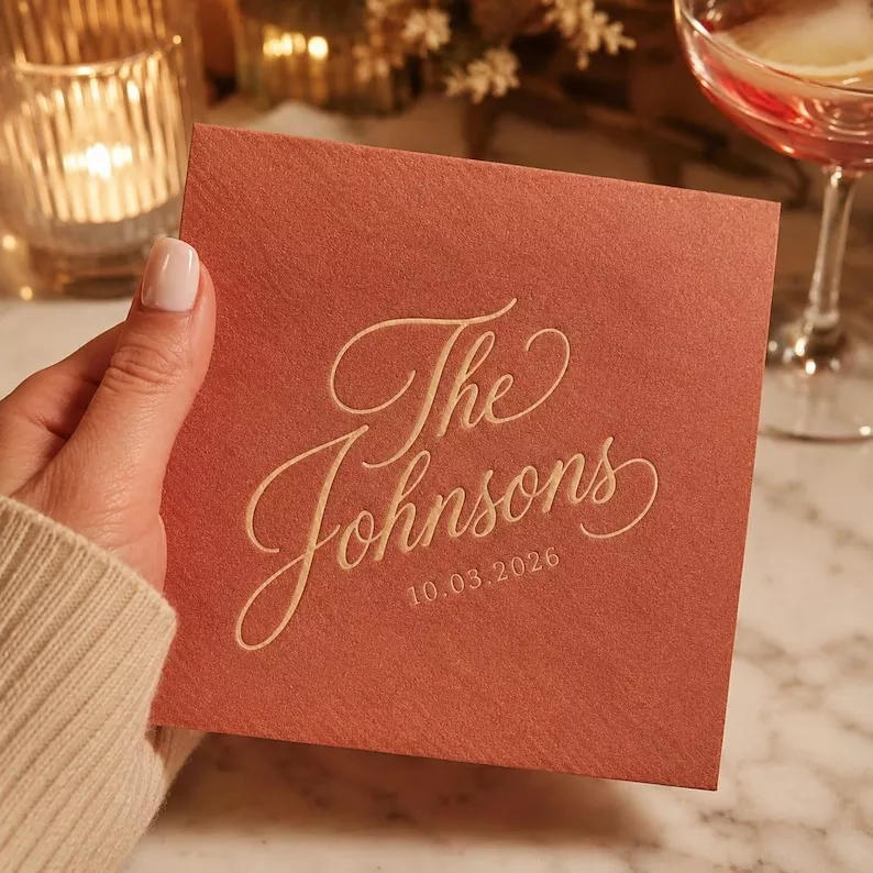 fall wedding napkins in terracotta with gold personalized writing