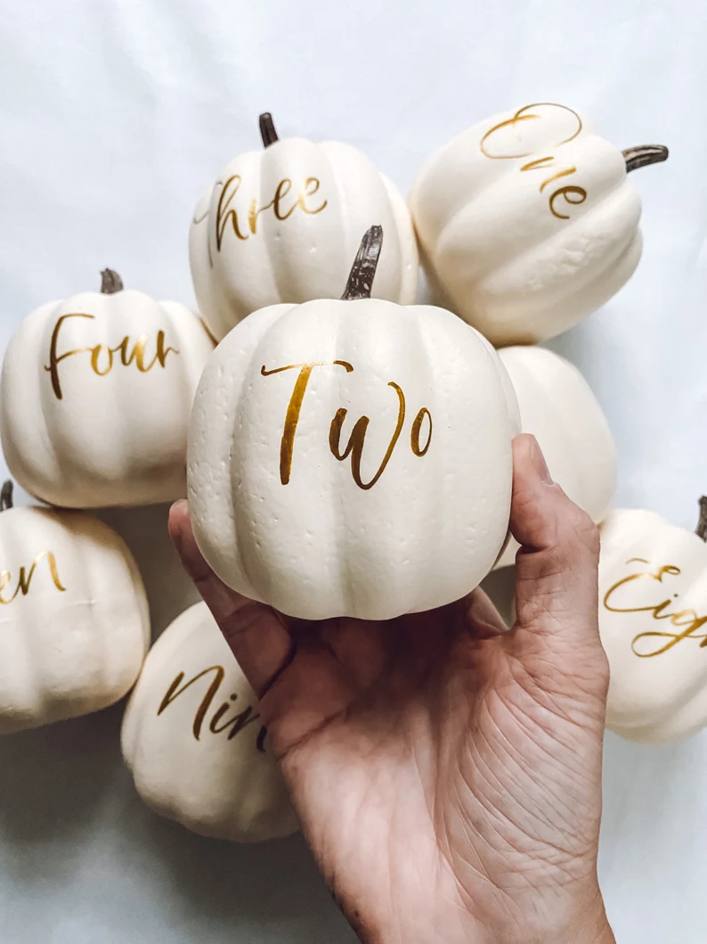 white fall wedding pumpkin table numbers for decor