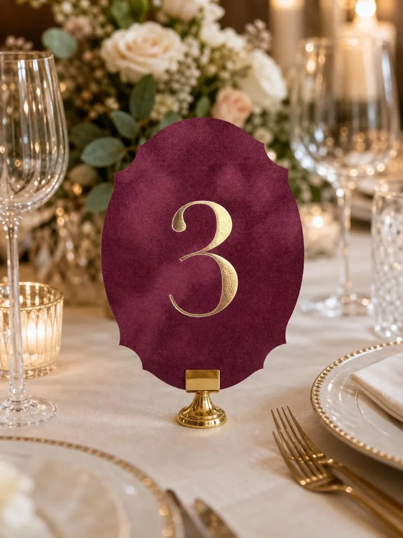 burgundy velvet fall wedding table numbers